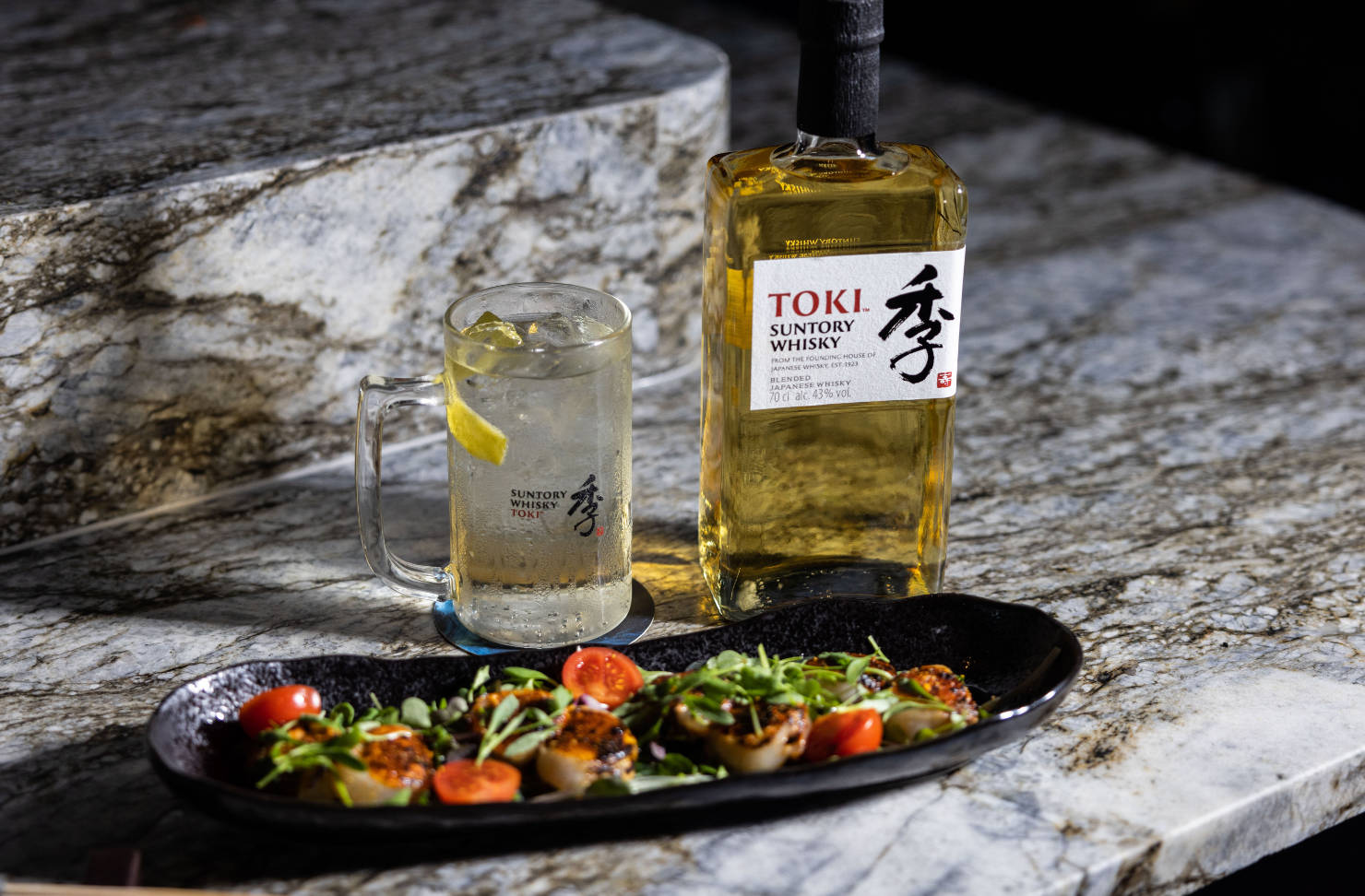 Spicy scallop salad and toki highball Ora restaurant Sydney